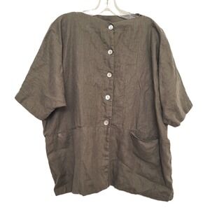 Eva Tralala 100% Linen 1X XXL France Shell Button Up Top Shirt Lagenlook Green